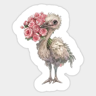 Valentine Ostrich Giving Flowers Sticker